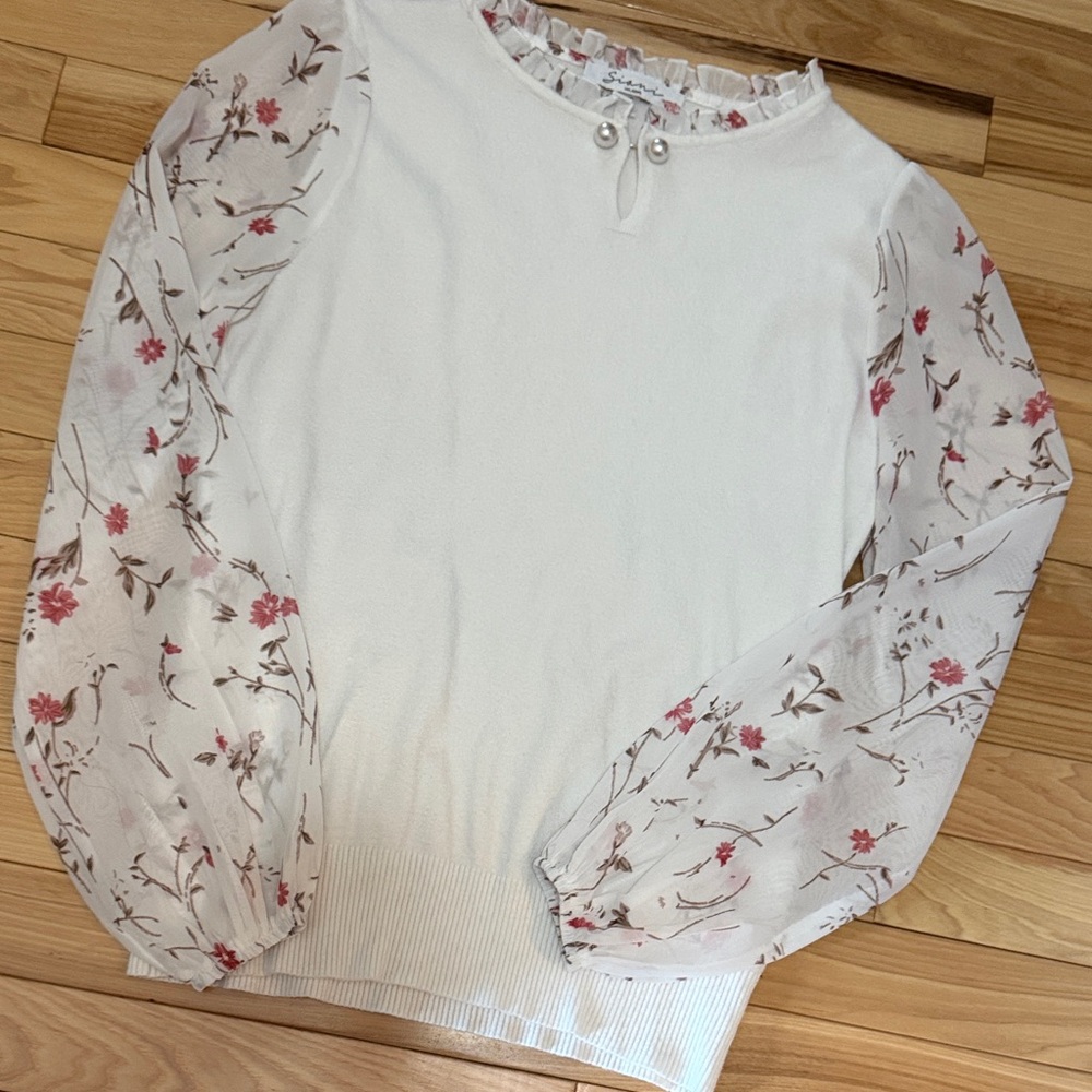 Women's White Pullover with Sheer Floral Sleeves